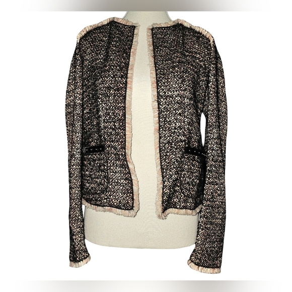 Les Copains Jackets & Blazers - Blue Les Copains Tweed Bouclé Fringe Jacket Pink Black Unlined Sz 38 (US Sz 2/4)